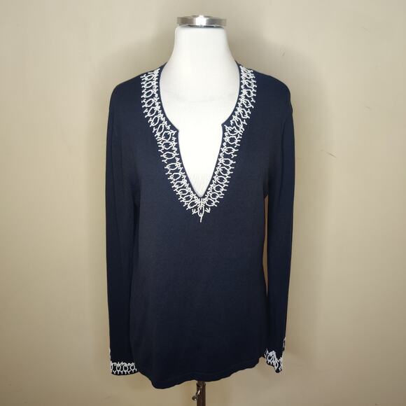 J McLaughlin Beaded Tunic Sweater Navy V Neck Embellished - Picture 1 of 10